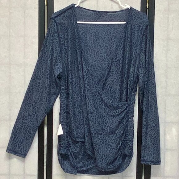 INC Burnout V Neck Faux Wrap Shirred Side Blouse Blue Leopard 1X Long Sleeve - Picture 5 of 12